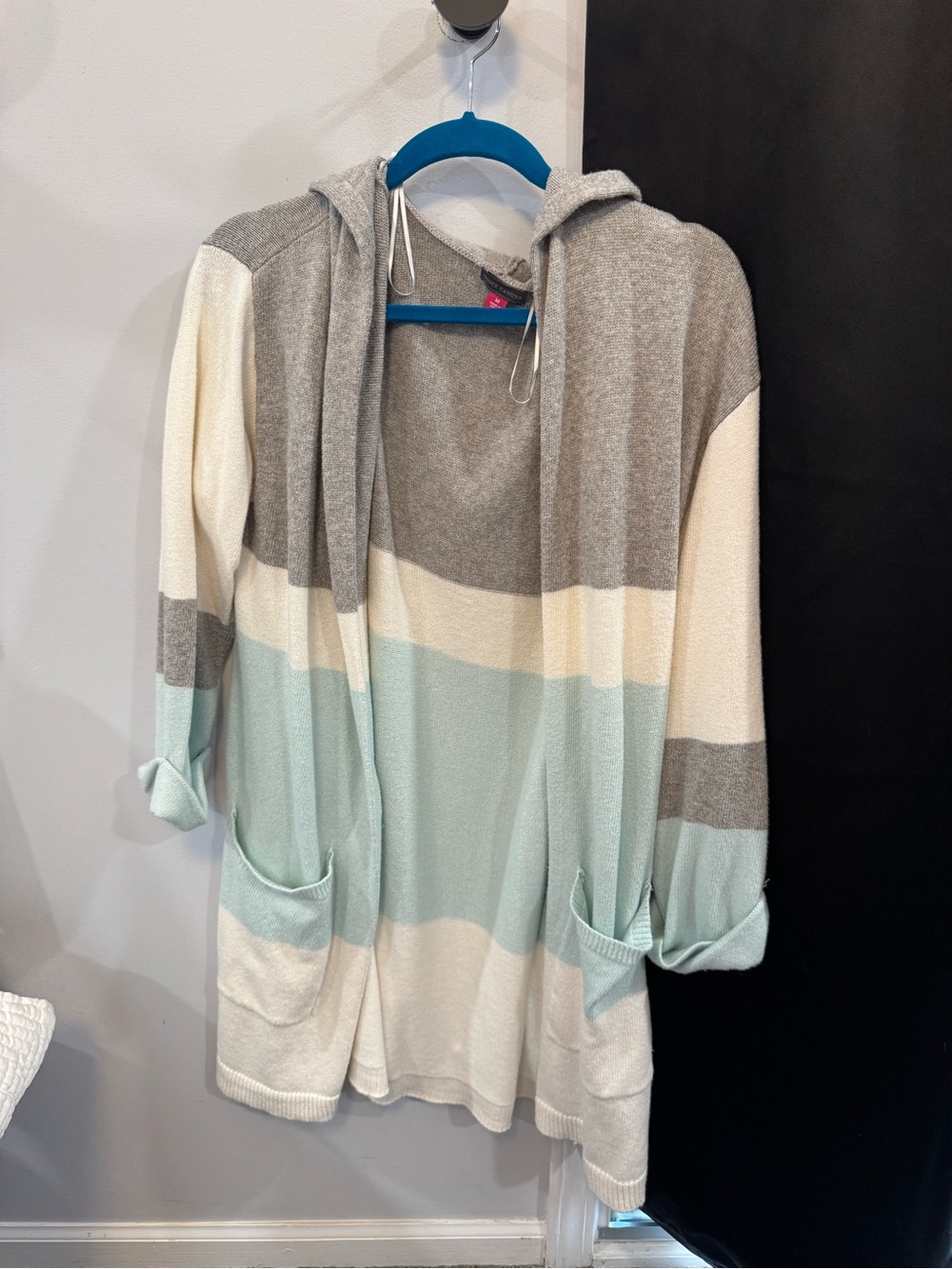 Vince Camuto Hooded Colorblock Open Front Cardigan | Size Medium